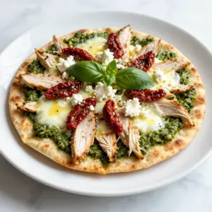 - 2 flatbreads (store-bought or homemade) - 1 cup cooked chicken breast, shredded - 1/2 cup pesto sauce - 1 cup mozzarella cheese, shredded - 1/4 cup sun-dried tomatoes, chopped - 1/4 cup feta cheese, crumbled - 1/4 cup fresh basil leaves, chopped - 1/2 teaspoon garlic powder - Salt and pepper to taste - Olive oil for brushing - Additional vegetables or proteins When I make pesto chicken flatbread, I love using fresh ingredients. The flatbreads are the base. You can use store-bought or make your own. I often choose store-bought for ease, but homemade adds a nice touch. Shredded chicken is the star here. I use cooked chicken breast for a tender bite. The pesto sauce brings all the flavors together. It&rsquo;s fresh, green, and full of taste. For toppings, I always add mozzarella cheese. It melts beautifully and creates a lovely crust. Sun-dried tomatoes add a sweet and tangy burst. Feta cheese gives a salty kick that I adore. Fresh basil leaves bring a bright note. I finish with garlic powder, salt, and pepper for depth. If you want to elevate your flatbread, consider brushing it with olive oil. You can also add extra veggies like bell peppers or mushrooms. These options make the dish even better. Enjoy experimenting with your toppings! {{ingredient_image_1}} - Preheat your oven to 400&deg;F (200&deg;C). This helps the flatbreads cook evenly. - Place the flatbreads on a baking sheet. Brush each with a little olive oil. This gives a nice golden color and flavor. - Grab a bowl and combine the shredded chicken with the pesto sauce. - Add garlic powder, salt, and pepper to taste. Mix well to coat the chicken. This mixture is the heart of your flatbread. - Spread the pesto chicken mixture evenly over each flatbread. Make sure to cover every inch. - Sprinkle the shredded mozzarella cheese on top. This makes it melty and delicious. - Add chopped sun-dried tomatoes and crumbled feta cheese on top. These toppings add burst and creaminess. - Bake in the oven for 12-15 minutes. Look for the cheese to melt and bubble. The edges should be golden brown. - Once done, remove the flatbreads from the oven and let them cool a bit. - Garnish with fresh basil leaves before slicing into pieces. This adds a lovely touch and flavor. To get the best texture and flavor, use fresh ingredients. Fresh basil adds bright notes. Choose high-quality mozzarella for rich, gooey goodness. You can make your own pesto for a unique taste. Simply blend fresh basil, garlic, nuts, olive oil, and cheese. This way, you control the flavor and texture. Pair your flatbread with a simple salad. A light arugula or spinach salad works well. You can also serve it with a side of crispy roasted vegetables. For drinks, try a chilled white wine or sparkling water with lemon. These beverages complement the rich flavors of the flatbread. You can prepare some components in advance. Cook and shred the chicken a day before. Make your pesto ahead too, and store it in the fridge. Assemble the flatbreads just before baking. This saves time and keeps everything fresh. Enjoy the ease of meal prep! Pro Tips Use fresh ingredients: Fresh basil and high-quality pesto can elevate the flavor of your flatbread significantly. Experiment with proteins: Try using different proteins like grilled shrimp or roasted vegetables for a unique twist. Customize your toppings: Feel free to add other toppings such as olives, artichokes, or bell peppers to suit your taste. Watch the baking time: Keep an eye on the flatbreads as they bake, as oven temperatures can vary and you want them golden, not burnt. {{image_2}} You can swap out proteins in this flatbread. Try turkey or even veggies for a nice twist. Grilled mushrooms or roasted bell peppers work great. These swaps keep the meal fun and fresh. Cheese also offers options. Instead of mozzarella, you can use goat cheese or a vegan cheese. Each choice gives a new taste. Goat cheese adds a tangy flavor, while vegan cheese is great for plant-based diets. To change up the taste, add spices or herbs. A pinch of red pepper flakes gives a kick. Fresh oregano or thyme adds depth. You can also try garlic or onion powder for more flavor. If you want to switch sauces, consider sun-dried tomato spread or hummus. These options add different layers to your flatbread. Each sauce brings its unique twist to the dish. Flatbreads come in many styles. You can use naan for a soft base. Pita bread also works well. Each type gives a different texture and taste. You can even use tortillas for a crispy option. The possibilities are endless, so have fun experimenting with what you like best! After enjoying your pesto chicken flatbread, you might have some left. To store it, let the flatbread cool. Wrap each piece in plastic wrap or foil. Place them in an airtight container. You can refrigerate them for up to three days. If you want to keep them longer, freeze them. Just make sure to wrap them well to avoid freezer burn. To enjoy your flatbread again, you need to reheat it right. Preheat your oven to 350&deg;F (175&deg;C). Place the flatbread on a baking sheet. Heat it for about 10 minutes. This way, the cheese melts nicely. The flatbread will stay crisp, and the flavors will shine. When stored properly, your pesto chicken flatbread lasts for about three days in the fridge. If frozen, it can last up to three months. Just remember, the sooner you eat it, the better it tastes! How long does it take to bake pesto chicken flatbread? It takes about 12 to 15 minutes to bake pesto chicken flatbread. You want the cheese to melt and get bubbly. The edges of the flatbread should turn golden brown. Can I make it gluten-free? Yes, you can make this dish gluten-free. Just use gluten-free flatbreads or even cauliflower pizza crust. They both work well with the toppings. What is a good substitute for pesto sauce? If you don't have pesto, try using sun-dried tomato spread or a simple garlic and herb mix. These options still add great flavor. Can I use raw chicken instead of cooked? I do not recommend using raw chicken. Raw chicken needs to cook longer. This recipe works best with cooked, shredded chicken for quick baking. How can I customize the toppings? You can customize the toppings easily. Add your favorite veggies like bell peppers or spinach. You can also swap out the cheeses, using goat cheese or cheddar for a twist. This blog post outlined a simple yet tasty pesto chicken flatbread recipe. You learned about the main ingredients, step-by-step instructions, and helpful tips. I shared ways to customize the flavors and add your favorite toppings. Remember, meal prep can make this dish quick and easy. Enjoy your cooking and feel free to experiment with variations. The joy of crafting your flatbread awaits!