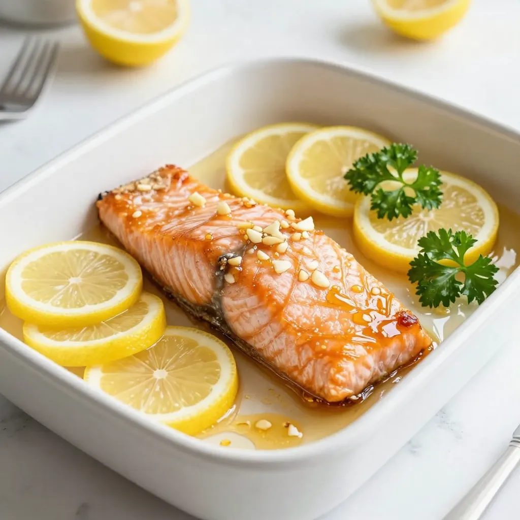 - 4 salmon fillets - 1/4 cup honey - 2 tablespoons fresh lemon juice - 3 garlic cloves, minced - 1 tablespoon olive oil - 1 teaspoon fresh thyme leaves - Salt and pepper to taste - Lemon slices for garnish - Fresh parsley for garnish (optional) To make Honey Lemon Garlic Salmon, gather these simple ingredients. Each one plays a key role in building flavor. Salmon fillets are the star, offering rich taste and healthy fats. Honey adds sweetness that balances the tangy lemon. Fresh lemon juice brightens the dish and gives it a zesty kick. Minced garlic brings warmth and depth, enhancing the overall flavor. Olive oil helps the salmon cook evenly and adds a nice finish. Fresh thyme leaves provide an earthy note, but dried thyme works too. Don't forget salt and pepper; they are essential for seasoning. For a lovely touch, you can garnish with lemon slices and fresh parsley. This list makes it easy to shop and prepare. Each ingredient is easy to find, making the recipe accessible for everyone. Now that you have your ingredients ready, you're on your way to a tasty meal! {{ingredient_image_1}} 1. Preheat the oven and prepare the baking sheet First, set your oven to 400°F (200°C). This is the perfect temperature for salmon. Line a baking sheet with parchment paper. This makes cleanup easy and keeps the fish from sticking. 2. Whisk together the marinade ingredients In a small bowl, add the honey, fresh lemon juice, minced garlic, olive oil, thyme, salt, and pepper. Use a whisk to mix until everything blends well. This marinade gives the salmon its sweet and tangy flavor. 3. Coat the salmon fillets Place the salmon fillets skin-side down on your lined baking sheet. Take the marinade and brush it generously over each fillet. Make sure they are well coated. This step is key to getting that delicious flavor. 4. Reserve marinade for basting Set aside some of the marinade for later. You will use this to baste the salmon halfway through the baking. Basting helps keep the fish moist and adds more flavor. 5. Baking process and checking for doneness Bake the salmon in the oven for about 12-15 minutes. Halfway through, baste the salmon with the reserved marinade. This adds an extra layer of taste and ensures a nice glaze. Check if the salmon flakes easily with a fork. If it does, it’s done! Let the salmon rest for a couple of minutes before serving. This helps keep it juicy. - Optimal baking temperature and time: I recommend preheating your oven to 400°F (200°C). Bake the salmon for 12-15 minutes. This temperature cooks the fish well without drying it out. - Importance of marinating salmon: Marinating the salmon adds flavor and moisture. The honey, lemon, and garlic soak in, making the fish taste great. Aim for at least 30 minutes of marinating time. - Tips for achieving a crispy exterior: To get a crispy skin, place the salmon skin-side down on a hot baking sheet. Brush it with the marinade. Basting halfway through baking helps too. - Alternative sweeteners: If you want a different sweetener, try maple syrup or agave nectar. Both provide a nice flavor and sweetness. - Garlic options: Fresh garlic gives a great taste, but you can use garlic powder in a pinch. Just use less, as it’s stronger. - Thyme substitutes: If you don't have fresh thyme, use dried thyme. Use half the amount since dried herbs are more potent. Oregano or basil can also work in a pinch. Pro Tips Fresh Ingredients: For the best flavor, use fresh lemon juice and minced garlic instead of bottled alternatives. Check for Doneness: Salmon is perfectly cooked when it flakes easily with a fork. Avoid overcooking to maintain moisture. Marinade Time: If you have time, marinate the salmon for 30 minutes before baking to enhance the flavor. Garnishing: Adding fresh herbs like parsley not only enhances the presentation but also adds a fresh taste to the dish. {{image_2}} You can change the taste of your honey lemon garlic salmon in fun ways. Start by adding herbs or spices. Fresh dill or rosemary can make a big difference. You could also try a bit of chili powder for some heat. Each herb brings its own unique flavor, making every meal special. Another way to mix it up is by using other citrus fruits. Instead of only lemon, try lime or orange juice. These fruits add their own twist. They can brighten the dish and give it a fresh taste. Imagine the sweet and tangy flavor of orange paired with honey—so good! Now, let’s talk about what to serve with your salmon. Simple side dishes work well. Steamed broccoli or asparagus adds a nice crunch. You can also serve it with rice or quinoa for a filling meal. These sides soak up any extra sauce, making every bite tasty. Don’t forget about drinks! A chilled white wine like Sauvignon Blanc pairs nicely. If you prefer something non-alcoholic, try sparkling water with a splash of lemon. This keeps the meal light and refreshing. Enjoying your honey lemon garlic salmon with these sides and drinks will make your meal delightful! After you enjoy your honey lemon garlic salmon, you may have leftovers. To keep them fresh, place the salmon in an airtight container. This helps prevent any strong smells from other foods. Store it in the fridge for up to three days. If you want to keep it longer, you can freeze the salmon. Wrap each fillet in plastic wrap or foil. Then, put the wrapped salmon in a freezer bag. This way, it can stay fresh for up to three months. Just make sure to label the bag with the date. When it's time to reheat your salmon, there are a few great methods. The best way is to use the oven. Preheat the oven to 350°F (175°C). Place the salmon on a baking sheet and cover it with foil. Heat it for about 10-15 minutes. This keeps the salmon moist. You can also use the microwave. Place the salmon on a microwave-safe plate. Cover it with a damp paper towel. Heat in short bursts of 30 seconds. Check often to avoid overcooking. Enjoy your meal just like it was fresh! You can tell when salmon is done by checking its color and texture. The fish should change from a bright pink to a lighter shade. Use a fork to flake the fish gently. If it flakes easily, it is ready. A good rule is to cook it for 12-15 minutes at 400°F (200°C). If you have a meat thermometer, aim for an internal temperature of 145°F (63°C). Yes, you can make Honey Lemon Garlic Salmon in an air fryer. Preheat the air fryer to 390°F (200°C). Place the salmon fillets in the basket without overcrowding. Cook for about 10-12 minutes. Check for doneness at the halfway mark. Baste with the marinade for extra flavor if desired. You have many options to pair with this dish. Some great sides include: - Steamed broccoli - Roasted asparagus - Quinoa or rice - Mashed potatoes - A fresh green salad These sides add balance and flavor to your meal. Yes, you can use frozen salmon. Just make sure to thaw it first. Place it in the fridge overnight or run it under cold water until thawed. Once thawed, pat it dry. This helps the marinade stick better and keeps the fish from getting soggy. This post covered how to make Honey Lemon Garlic Salmon. We discussed important ingredients, like fresh salmon and garlic. I shared simple steps for preparation and cooking. You learned helpful tips to enhance flavor and texture. I also gave you storage info and answered common questions. Now, you can turn this recipe into a quick, tasty meal. Enjoy it with your favorite sides. With practice, you’ll make perfect salmon every time. Cooking should be fun and rewarding!
