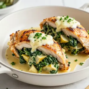 - 4 boneless, skinless chicken breasts - 1 cup fresh spinach, chopped - 1 cup artichoke hearts, chopped (canned or frozen) - 1/2 cup cream cheese, softened - 1/2 cup shredded mozzarella cheese - 1/4 cup grated Parmesan cheese - 3 cloves garlic, minced - 1 teaspoon Italian seasoning - Salt and pepper to taste - 2 tablespoons olive oil - Fresh parsley, for garnish - 1 cup = 240 milliliters - 1/2 cup = 120 milliliters - 1/4 cup = 60 milliliters - 1 teaspoon = 5 milliliters For the best flavor, use fresh spinach. Fresh artichoke hearts add a nice touch. Choose high-quality cream cheese for a creamy texture. Look for good mozzarella and Parmesan. Always check for freshness when buying your chicken. Quality ingredients make a big difference in taste. {{ingredient_image_1}} 1. First, preheat your oven to 375&deg;F (190&deg;C). This helps cook the chicken evenly. 2. In a medium bowl, combine the chopped spinach, artichoke hearts, cream cheese, shredded mozzarella, grated Parmesan, minced garlic, Italian seasoning, salt, and pepper. Mix well until smooth. 3. Next, take each chicken breast and slice a pocket into it. Be careful not to cut through completely. 4. Now, stuff each chicken breast with the spinach and artichoke mixture. Use toothpicks if needed to keep it closed. 1. In a large oven-safe skillet, heat the olive oil over medium-high heat. Wait until it's nice and hot. 2. Add the stuffed chicken breasts to the skillet. Sear each side for about 3-4 minutes until they turn golden brown. 3. After searing, transfer the skillet to the preheated oven. Bake for 20-25 minutes. Make sure the chicken reaches an internal temperature of 165&deg;F (74&deg;C). 4. Once done, take the chicken out of the oven. Let it rest for a few minutes before removing any toothpicks. 1. For a lovely presentation, garnish the chicken with fresh parsley. 2. Serve the stuffed chicken on a cutting board or a white plate. 3. Drizzle any leftover juices from the skillet over the top. 4. Pair your dish with roasted vegetables or a fresh salad for a complete meal. Start by selecting the right chicken breasts. Choose large, boneless, and skinless ones. Cut a pocket carefully into each breast. Do not cut all the way through. This keeps your stuffing inside. Use a spoon to fill each pocket with the spinach and artichoke mix. Make sure to pack it in well. Secure the opening with toothpicks if needed. This helps keep the filling from spilling out. To make this dish easier, gather a few tools. You will need a sharp knife for cutting. A medium bowl is great for mixing the filling. Use a large oven-safe skillet for cooking. A spoon helps with stuffing the chicken. Finally, have a meat thermometer on hand. It ensures your chicken is cooked to the right temperature. For added flavor, try these simple tips. Use fresh garlic for a strong taste. You can also add more herbs, like thyme or rosemary. Mixing in a bit of lemon juice brightens the dish. If you like a kick, add red pepper flakes. Pair your stuffed chicken with roasted vegetables for a healthy side. Serve it with a nice salad to balance flavors. Pro Tips Use Fresh Ingredients: Fresh spinach and artichokes will enhance the flavor of your stuffed chicken. If using frozen artichokes, ensure they are well-drained to avoid excess moisture. Perfectly Cooked Chicken: To ensure the chicken is juicy and cooked thoroughly, use a meat thermometer to check that the internal temperature reaches 165&deg;F (74&deg;C). Customize Your Stuffing: Feel free to add other ingredients to the stuffing mixture, such as sun-dried tomatoes, feta cheese, or a pinch of red pepper flakes for extra flavor and spice. Rest Before Serving: Let the chicken rest for a few minutes after baking. This allows the juices to redistribute, making the chicken more tender and flavorful. {{image_2}} You can switch up the cheeses in this dish. Try using feta for a tangy taste. Goat cheese adds creaminess and depth. For a sharper flavor, use cheddar or gouda. Mixing cheeses can create a unique blend. Just make sure to keep the cream cheese for texture. If you want a lighter version, use Greek yogurt instead of cream cheese. This swap cuts calories and adds protein. You can also use low-fat cheese for less fat. For a gluten-free option, confirm all ingredients are gluten-free. Adding more veggies like bell peppers or mushrooms boosts nutrition, too. Pair this stuffed chicken with a simple salad. A light vinaigrette complements the rich flavors. Roasted vegetables, like broccoli or carrots, add color and crunch. For a sauce, consider a lemon butter or garlic sauce for extra flavor. You can even serve it with a side of whole grain rice or quinoa for a hearty meal. Store your leftover Spinach Artichoke Stuffed Chicken in an airtight container. Make sure it cools down first. This will keep the chicken fresh. Place it in the fridge. It will last for about 3 to 4 days. If you have extra filling, store it separately. To reheat, use your oven for best results. Preheat it to 350&deg;F (175&deg;C). Place the chicken in an oven-safe dish. Cover it with foil to keep it moist. Heat for about 15 to 20 minutes, or until warm. You can also use a microwave if you&rsquo;re in a hurry. Heat it in short bursts, checking often. If you want to freeze the chicken, wrap each piece tightly in plastic wrap. Then place them in a freezer bag. Remove as much air as you can. This helps prevent freezer burn. Spinach Artichoke Stuffed Chicken can last in the freezer for about 2 to 3 months. When you&rsquo;re ready to eat, thaw it in the fridge overnight before reheating. You can make Spinach Artichoke Stuffed Chicken in an air fryer easily. First, prepare the stuffing as usual. Follow the mixing steps with spinach, artichokes, and cheeses. Next, stuff the chicken breasts like before. Preheat the air fryer to 375&deg;F (190&deg;C). Place the stuffed chicken in the basket, ensuring they are not touching. Cook for around 15 to 18 minutes. Check that the chicken reaches 165&deg;F (74&deg;C). This method gives you a crispy outside and juicy inside. Yes, you can use frozen spinach in this recipe. Just make sure to thaw and drain it well. Frozen spinach can have more water than fresh spinach. Press it in a clean cloth to remove excess moisture. This step helps keep the stuffing from being too watery. The flavor will still be great, and it saves time. Spinach Artichoke Stuffed Chicken pairs well with many sides. Here are some tasty options: - Roasted vegetables, like carrots and bell peppers - A fresh green salad with a light dressing - Garlic mashed potatoes for creaminess - Quinoa or rice for a healthy grain option - Crusty bread to soak up juices These sides complement the rich flavor of the chicken and make a balanced meal. This blog covered the essentials for making delicious Spinach Artichoke Stuffed Chicken. You learned about key ingredients, easy preparation steps, and helpful tips. I shared variations to suit your taste and storage advice for leftovers. With this knowledge, you can cook confidently and enjoy your meal. Remember to have fun in the kitchen. The right tools and fresh ideas can elevate your dishes. Dive in, explore flavors, and impress yourself and others with your cooking skills.
