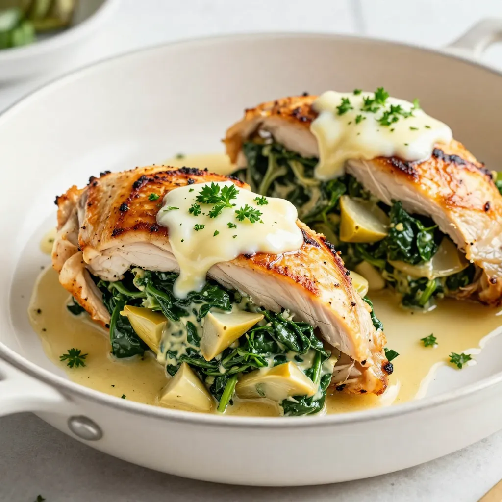 - 4 boneless, skinless chicken breasts - 1 cup fresh spinach, chopped - 1 cup artichoke hearts, chopped (canned or frozen) - 1/2 cup cream cheese, softened - 1/2 cup shredded mozzarella cheese - 1/4 cup grated Parmesan cheese - 3 cloves garlic, minced - 1 teaspoon Italian seasoning - Salt and pepper to taste - 2 tablespoons olive oil - Fresh parsley, for garnish - 1 cup = 240 milliliters - 1/2 cup = 120 milliliters - 1/4 cup = 60 milliliters - 1 teaspoon = 5 milliliters For the best flavor, use fresh spinach. Fresh artichoke hearts add a nice touch. Choose high-quality cream cheese for a creamy texture. Look for good mozzarella and Parmesan. Always check for freshness when buying your chicken. Quality ingredients make a big difference in taste. {{ingredient_image_1}} 1. First, preheat your oven to 375&deg;F (190&deg;C). This helps cook the chicken evenly. 2. In a medium bowl, combine the chopped spinach, artichoke hearts, cream cheese, shredded mozzarella, grated Parmesan, minced garlic, Italian seasoning, salt, and pepper. Mix well until smooth. 3. Next, take each chicken breast and slice a pocket into it. Be careful not to cut through completely. 4. Now, stuff each chicken breast with the spinach and artichoke mixture. Use toothpicks if needed to keep it closed. 1. In a large oven-safe skillet, heat the olive oil over medium-high heat. Wait until it's nice and hot. 2. Add the stuffed chicken breasts to the skillet. Sear each side for about 3-4 minutes until they turn golden brown. 3. After searing, transfer the skillet to the preheated oven. Bake for 20-25 minutes. Make sure the chicken reaches an internal temperature of 165&deg;F (74&deg;C). 4. Once done, take the chicken out of the oven. Let it rest for a few minutes before removing any toothpicks. 1. For a lovely presentation, garnish the chicken with fresh parsley. 2. Serve the stuffed chicken on a cutting board or a white plate. 3. Drizzle any leftover juices from the skillet over the top. 4. Pair your dish with roasted vegetables or a fresh salad for a complete meal. Start by selecting the right chicken breasts. Choose large, boneless, and skinless ones. Cut a pocket carefully into each breast. Do not cut all the way through. This keeps your stuffing inside. Use a spoon to fill each pocket with the spinach and artichoke mix. Make sure to pack it in well. Secure the opening with toothpicks if needed. This helps keep the filling from spilling out. To make this dish easier, gather a few tools. You will need a sharp knife for cutting. A medium bowl is great for mixing the filling. Use a large oven-safe skillet for cooking. A spoon helps with stuffing the chicken. Finally, have a meat thermometer on hand. It ensures your chicken is cooked to the right temperature. For added flavor, try these simple tips. Use fresh garlic for a strong taste. You can also add more herbs, like thyme or rosemary. Mixing in a bit of lemon juice brightens the dish. If you like a kick, add red pepper flakes. Pair your stuffed chicken with roasted vegetables for a healthy side. Serve it with a nice salad to balance flavors. Pro Tips Use Fresh Ingredients: Fresh spinach and artichokes will enhance the flavor of your stuffed chicken. If using frozen artichokes, ensure they are well-drained to avoid excess moisture. Perfectly Cooked Chicken: To ensure the chicken is juicy and cooked thoroughly, use a meat thermometer to check that the internal temperature reaches 165&deg;F (74&deg;C). Customize Your Stuffing: Feel free to add other ingredients to the stuffing mixture, such as sun-dried tomatoes, feta cheese, or a pinch of red pepper flakes for extra flavor and spice. Rest Before Serving: Let the chicken rest for a few minutes after baking. This allows the juices to redistribute, making the chicken more tender and flavorful. {{image_2}} You can switch up the cheeses in this dish. Try using feta for a tangy taste. Goat cheese adds creaminess and depth. For a sharper flavor, use cheddar or gouda. Mixing cheeses can create a unique blend. Just make sure to keep the cream cheese for texture. If you want a lighter version, use Greek yogurt instead of cream cheese. This swap cuts calories and adds protein. You can also use low-fat cheese for less fat. For a gluten-free option, confirm all ingredients are gluten-free. Adding more veggies like bell peppers or mushrooms boosts nutrition, too. Pair this stuffed chicken with a simple salad. A light vinaigrette complements the rich flavors. Roasted vegetables, like broccoli or carrots, add color and crunch. For a sauce, consider a lemon butter or garlic sauce for extra flavor. You can even serve it with a side of whole grain rice or quinoa for a hearty meal. Store your leftover Spinach Artichoke Stuffed Chicken in an airtight container. Make sure it cools down first. This will keep the chicken fresh. Place it in the fridge. It will last for about 3 to 4 days. If you have extra filling, store it separately. To reheat, use your oven for best results. Preheat it to 350&deg;F (175&deg;C). Place the chicken in an oven-safe dish. Cover it with foil to keep it moist. Heat for about 15 to 20 minutes, or until warm. You can also use a microwave if you&rsquo;re in a hurry. Heat it in short bursts, checking often. If you want to freeze the chicken, wrap each piece tightly in plastic wrap. Then place them in a freezer bag. Remove as much air as you can. This helps prevent freezer burn. Spinach Artichoke Stuffed Chicken can last in the freezer for about 2 to 3 months. When you&rsquo;re ready to eat, thaw it in the fridge overnight before reheating. You can make Spinach Artichoke Stuffed Chicken in an air fryer easily. First, prepare the stuffing as usual. Follow the mixing steps with spinach, artichokes, and cheeses. Next, stuff the chicken breasts like before. Preheat the air fryer to 375&deg;F (190&deg;C). Place the stuffed chicken in the basket, ensuring they are not touching. Cook for around 15 to 18 minutes. Check that the chicken reaches 165&deg;F (74&deg;C). This method gives you a crispy outside and juicy inside. Yes, you can use frozen spinach in this recipe. Just make sure to thaw and drain it well. Frozen spinach can have more water than fresh spinach. Press it in a clean cloth to remove excess moisture. This step helps keep the stuffing from being too watery. The flavor will still be great, and it saves time. Spinach Artichoke Stuffed Chicken pairs well with many sides. Here are some tasty options: - Roasted vegetables, like carrots and bell peppers - A fresh green salad with a light dressing - Garlic mashed potatoes for creaminess - Quinoa or rice for a healthy grain option - Crusty bread to soak up juices These sides complement the rich flavor of the chicken and make a balanced meal. This blog covered the essentials for making delicious Spinach Artichoke Stuffed Chicken. You learned about key ingredients, easy preparation steps, and helpful tips. I shared variations to suit your taste and storage advice for leftovers. With this knowledge, you can cook confidently and enjoy your meal. Remember to have fun in the kitchen. The right tools and fresh ideas can elevate your dishes. Dive in, explore flavors, and impress yourself and others with your cooking skills.