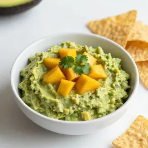 - 2 ripe avocados - 1 ripe mango, diced - 1 small red onion, finely chopped - 1-2 small jalape&ntilde;os, deseeded and minced - 2 tablespoons fresh lime juice - 1 garlic clove, minced - Salt and pepper to taste - 2 tablespoons fresh cilantro, chopped - Optional: tortilla chips for serving The key to amazing Spicy Mango Guacamole lies in its fresh ingredients. Start with two ripe avocados. They should be slightly soft to the touch. Next, choose a ripe mango. It adds sweetness and a lovely texture. The red onion adds a nice crunch. Use a small one for a milder flavor. For heat, use one or two small jalape&ntilde;os. Be sure to remove the seeds to control the spice. The fresh lime juice brightens the dish. It also helps keep the avocado from browning. Minced garlic brings in a strong, savory taste. Make sure to season with salt and pepper. This step enhances all the flavors. Finally, fresh cilantro adds a burst of freshness. You can serve this guacamole with crispy tortilla chips. They make a great pairing to scoop up all that flavor! {{ingredient_image_1}} 1. Cutting and scooping avocados: Start by cutting the avocados in half. Remove the pit carefully. Use a spoon to scoop the flesh into a mixing bowl. You want to get every bit of that creamy avocado goodness. 2. Mashing to desired creaminess: Grab a fork or a potato masher. Mash the avocado to your liking. If you want it smooth, keep mashing. If you prefer chunks, stop when you get small pieces. 3. Mixing in additional ingredients: Now it&rsquo;s time to add flavor! Toss in the diced mango, chopped red onion, and minced jalape&ntilde;os. Make sure to mix it well but gently, so the mango stays nice and chunky. - How to fold ingredients without over-mashing: Use a spatula to gently fold in the ingredients. This keeps everything combined without turning the mango mushy. You want to see those bright yellow mango pieces! - Adjusting seasoning as needed: After mixing, give it a taste. Add salt and pepper to your liking. If you want it zesty, squeeze in more lime juice. Adjust until it sings with flavor! - Presentation tips for serving: Serve your spicy mango guacamole in a fun bowl. A colorful dish can make it pop! - Garnishing suggestions: Top it off with extra chopped cilantro for a fresh look. You can also add a few thin slices of jalape&ntilde;o for a spicy kick. Serve with crispy tortilla chips on the side for the perfect crunch! When making guacamole, the right avocados are key. Look for avocados that yield slightly when pressed. This means they're ripe and ready to use. Avoid hard ones, as they won&rsquo;t mash well. For the mango, pick one that is soft but not mushy. A ripe mango should feel gentle when you press it. This will add a sweet touch to your guacamole. To change the heat of your guacamole, adjust the jalape&ntilde;o amount. Start with one jalape&ntilde;o if you want less heat. You can always add more if needed. If you prefer a different heat source, consider using diced serrano peppers or a splash of hot sauce. Want to jazz up your guacamole? Add extra ingredients like diced tomatoes or corn for crunch. You can also mix in a dash of cumin for warmth. Balancing sweetness and spice is key. The mango's sweetness should shine but not overpower the other flavors. Taste often and adjust as needed. Pro Tips Choose Ripe Avocados: Make sure your avocados are ripe for the best flavor and creaminess. They should yield slightly to gentle pressure when squeezed. Adjust Spice to Taste: Start with one jalape&ntilde;o and taste before adding more. You can always add extra heat, but it's hard to take it out! Fresh Lime Juice is Key: Use fresh lime juice instead of bottled for a brighter and more vibrant flavor in your guacamole. Store Properly: If you need to store leftover guacamole, press plastic wrap directly onto the surface to minimize oxidation and browning. {{image_2}} You can switch up the fruits in your guacamole. Try using pineapple for a tropical twist. Blueberries add a nice pop of flavor, too. Consider adding diced peaches for a sweet touch. For herbs, you can use parsley instead of cilantro. Mint gives a fresh note. If you want more spice, add a pinch of cayenne or smoked paprika. These swaps keep your guacamole exciting. This recipe is already vegan and gluten-free. Use fresh lime juice for flavor without added sodium. For low-sodium adjustments, skip the salt or use a salt substitute. You can also add diced bell peppers for crunch. They are low in sodium and add color. This makes your guacamole healthy and tasty. Spicy mango guacamole pairs well with many dishes. Serve it with grilled chicken or fish for a burst of flavor. It also goes great with tacos or burritos. You can use guacamole as a topping for salads or baked potatoes. It makes any meal special. Try it on toast for a quick snack. The options are endless! To keep your guacamole fresh, use an airtight container. Glass or plastic containers both work well. Press plastic wrap directly on the guacamole's surface. This helps keep air out and stops browning. Guacamole lasts about 2 to 3 days in the fridge. Look for signs of spoilage. If it turns brown or develops a sour smell, it&rsquo;s time to let it go. You can freeze guacamole! Use a freezer-safe container for best results. When you&rsquo;re ready to eat it, thaw it in the fridge overnight. Stir well before serving to restore its creamy texture. What is the best avocado for guacamole? Hass avocados are the best choice for guacamole. They are creamy and rich. Their flavor is smooth and buttery. Look for ones that yield slightly when you press them. Can I make this recipe in advance? Yes, you can make it ahead of time. Store it in an airtight container. Add a layer of lime juice on top to help prevent browning. It stays fresh for about one day. How can I make it less spicy? To reduce heat, use fewer jalape&ntilde;os. You can also remove the seeds and membranes. These parts contain most of the spice. Another option is to add more mango for sweetness. Caloric content per serving Each serving of Spicy Mango Guacamole contains about 150 calories. This may vary based on ingredient amounts. Key nutritional benefits of ingredients - Avocados offer healthy fats and fiber. - Mango adds vitamins A and C. - Red onion provides antioxidants. - Jalape&ntilde;os can boost metabolism. - Cilantro has detoxifying properties. Other ways to enjoy guacamole You can use guacamole as a sandwich spread. It also makes a great topping for tacos or burritos. Try it in salads for a fresh twist. Creative serving ideas beyond tortilla chips Serve guacamole with veggie sticks like carrots or cucumbers. You can also pair it with pita chips or crackers. For a fun treat, use it as a dip for sweet potato fries. In summary, we explored how to make spicy mango guacamole with fresh ingredients. We found tips for preparation, mixing, and serving to boost flavor. You can adjust spice levels and make variations to suit your taste. Storage tips help keep your guacamole fresh longer. Overall, this recipe offers a fun, healthy option for snacks or meals. Enjoy your culinary adventure and impress friends with your tasty guacamole!
