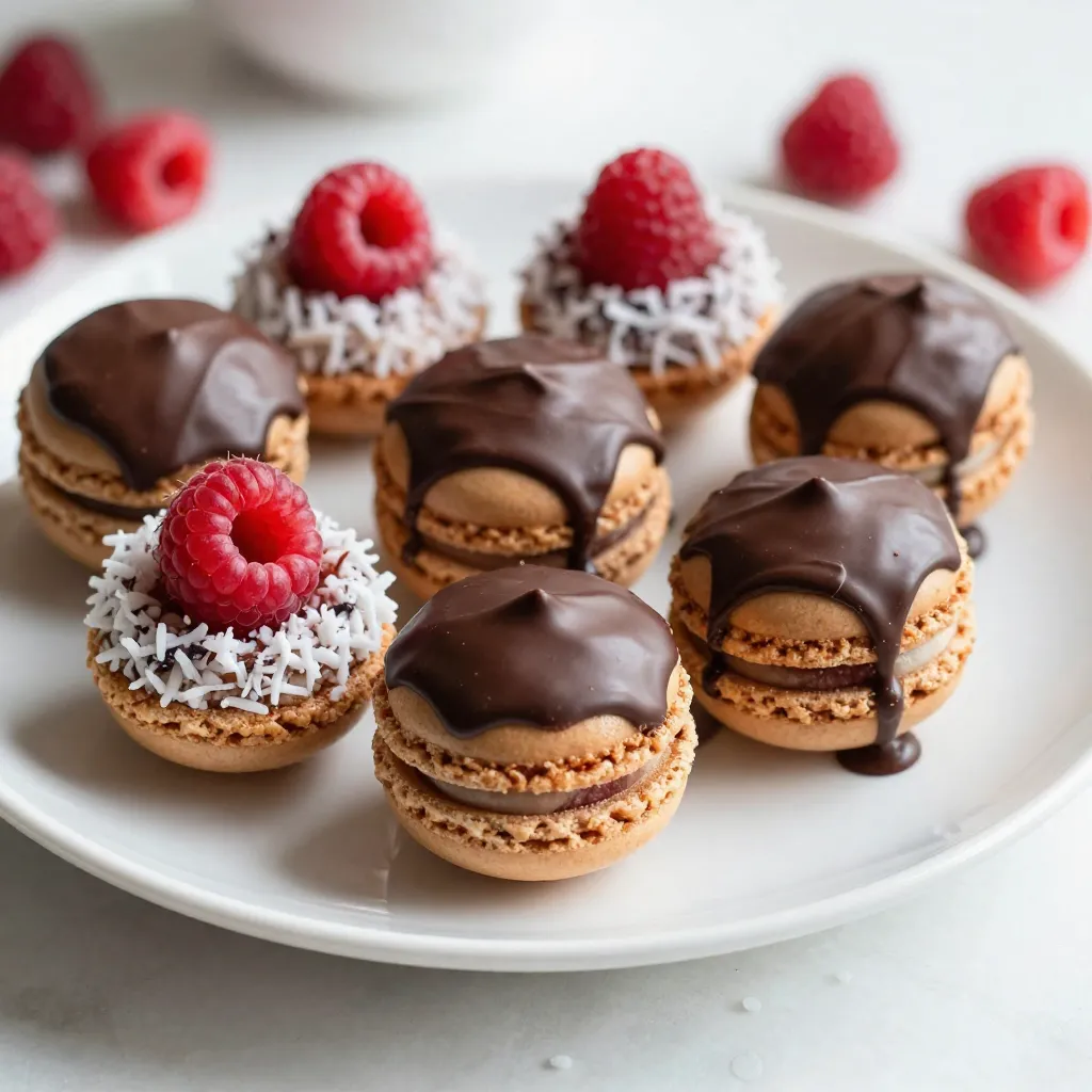 - 2 ½ cups sweetened shredded coconut - 1 cup sweetened condensed milk - 1 teaspoon vanilla extract - ½ teaspoon almond extract - ¼ teaspoon salt - 1 cup fresh raspberries, roughly chopped - 1 cup dark chocolate chips (for dipping) To make Coconut Raspberry Macaroons, you need some simple and tasty ingredients. The star of the show is sweetened shredded coconut. It gives the macaroons a chewy texture and a rich flavor. Sweetened condensed milk acts as a binder and adds sweetness. You will also want vanilla extract for warmth and almond extract for a nutty hint. A tiny bit of salt balances the flavors well. Fresh raspberries add a fruity twist and a burst of color. Finally, dark chocolate chips are perfect for dipping. They add a rich, sweet finish to each macaroon. Gather these ingredients before you start. It makes the process smoother and more enjoyable. Each item plays a key role in creating these delightful treats. {{ingredient_image_1}} 1. Preheating the oven and preparing the baking sheet Start by preheating your oven to 325°F (163°C). This helps the macaroons bake evenly. Line a baking sheet with parchment paper. This will prevent the macaroons from sticking. 2. Mixing the base ingredients In a large mixing bowl, combine 2 ½ cups of sweetened shredded coconut, 1 cup of sweetened condensed milk, 1 teaspoon of vanilla extract, ½ teaspoon of almond extract, and ¼ teaspoon of salt. Mix until the ingredients are well blended. The mixture should feel sticky and thick. 3. Folding in the raspberries Next, gently fold in 1 cup of roughly chopped fresh raspberries. Take care not to crush the raspberries too much. You want to keep some of their shape for texture and flavor. 1. Shaping the macaroons Using a tablespoon, scoop out portions of the mixture. Shape them into small mounds and place them on the prepared baking sheet. Make sure to space them about 1 inch apart. This allows them to expand as they bake. 2. Baking time and checking doneness Bake the macaroons in the preheated oven for 15-18 minutes. Keep an eye on them. They are done when the edges turn golden brown. Once baked, remove them from the oven and let them cool on the baking sheet for about 5 minutes. Then, transfer them to a wire rack to cool completely. 1. Melting the chocolate While the macaroons cool, melt 1 cup of dark chocolate chips. You can do this in a heatproof bowl over a pot of simmering water or in the microwave. If using the microwave, melt in 30-second intervals, stirring in between until smooth. 2. Dipping and decorating macaroons Once the chocolate is melted, dip the bottom of each macaroon into the chocolate. Allow any excess chocolate to drip off before placing them back on the wire rack. For an extra touch, drizzle any remaining melted chocolate over the tops of the macaroons. Let the chocolate set at room temperature or refrigerate for a faster result. To ensure the perfect macaroon texture, follow these steps: - Use fresh, sweetened shredded coconut. This helps keep your macaroons moist and flavorful. - Mix the ingredients gently. Over-mixing can break down the raspberries, making the mixture too wet. - When shaping the macaroons, use a tablespoon for even sizes. This helps them bake evenly. For timing and temperature, preheat your oven to 325°F (163°C). Bake your macaroons for 15-18 minutes. Watch for golden edges. They should be firm to the touch but still soft inside. The best ways to serve and present macaroons include: - Place them on a decorative platter. A colorful presentation makes them more inviting. - Drizzle melted chocolate on top for an elegant touch. This adds flavor and visual appeal. - Pair them with fresh fruit or whipped cream for a delightful dessert. If you face issues with your macaroons, here are some tips: - Handling broken macaroons: If they break, use a little melted chocolate to stick the pieces back together. This works like glue. - Fixing too-soft or too-dry textures: If they are too soft, bake them a bit longer. For dry macaroons, try adding a little more sweetened condensed milk next time. This keeps them moist. Pro Tips Use Fresh Raspberries: For the best flavor, opt for fresh raspberries instead of frozen. They add a vibrant taste and texture to the macaroons. Chill the Chocolate: After dipping the macaroons in chocolate, place them in the refrigerator for a few minutes to help the chocolate set quickly and create a nice finish. Customize Your Flavors: Feel free to experiment with different extracts like coconut or lemon to give your macaroons a unique twist! Storage Tips: Store any leftover macaroons in an airtight container at room temperature for up to a week, or refrigerate for longer freshness. {{image_2}} You can make your Coconut Raspberry Macaroons even more fun! Try adding different extracts. Instead of vanilla, use coconut extract for a deeper coconut flavor. Orange extract gives a bright twist that pairs well with raspberries. You can also mix in nuts or other fruits. Chopped almonds or pecans add a nice crunch. Dried fruits like apricots or cranberries can give a chewy texture. Experimenting with flavors keeps things exciting! When it comes to chocolate, you have many options. White chocolate gives a sweeter taste and a nice contrast to the tart raspberries. Milk chocolate is another great choice for a creamier flavor. You can also drizzle macaroons with caramel or other sauces. Caramel adds a rich sweetness that complements the coconut. Try a berry sauce for a fruity burst. These variations make your macaroons even more delightful! To keep your coconut raspberry macaroons fresh, store them in an airtight container. Place parchment paper between layers to prevent sticking. They stay best at room temperature for about three days. If you want to keep them longer, store them in the fridge for up to a week. Use a glass or plastic container with a tight lid. Avoid metal, as it can affect the taste. Make sure the container is clean and dry to help keep moisture out. You can freeze your macaroons if you want to save some for later. First, let them cool completely. Then, place them on a baking sheet in a single layer. Freeze them for about an hour. After that, transfer them to a freezer-safe bag or container. They can last for up to three months in the freezer. To defrost, move the macaroons to the fridge overnight. For a quicker method, let them sit at room temperature for about 30 minutes. After freezing, they may lose some texture. To maintain the best bite, eat them within a week after defrosting. What is the best way to prevent macaroons from sticking? To stop macaroons from sticking, always line your baking sheet with parchment paper. This creates a non-stick surface. You can also lightly spray the parchment with cooking spray for extra protection. Once baked, let them cool before moving. Can I use unsweetened coconut instead? You can use unsweetened coconut, but your macaroons may taste less sweet. Sweetened coconut adds flavor and moisture. If you choose unsweetened, add a bit more sugar to the condensed milk. This helps balance the flavors. Each macaroon has about 120 calories. They are rich in carbohydrates, fats, and sugars. Here’s a quick breakdown per serving: - Calories: 120 - Total Fat: 5g - Saturated Fat: 3g - Carbohydrates: 18g - Sugars: 12g - Protein: 1g These numbers can vary based on your chosen ingredients, especially if you change the chocolate used. You can swap ingredients to fit your taste. Here are some ideas: - Condensed milk: Use coconut milk mixed with sugar to replace sweetened condensed milk. - Dark chocolate: Swap dark chocolate for milk or white chocolate for a sweeter taste. - Raspberries: Try other fruits like chopped strawberries or dried cranberries for a twist. These substitutions can bring new flavors to your macaroons while keeping them delicious! In this post, we explored how to make delicious macaroons with sweet coconut and fresh raspberries. You learned about the key ingredients and their roles in the recipe. I walked you through each step, from prepping to baking and chocolate dipping. We also shared tips for perfect results and discussed variations to make them unique. Storing and freezing techniques help keep your treats fresh. Now, you’re ready to enjoy your homemade macaroons with friends and family! Happy baking!