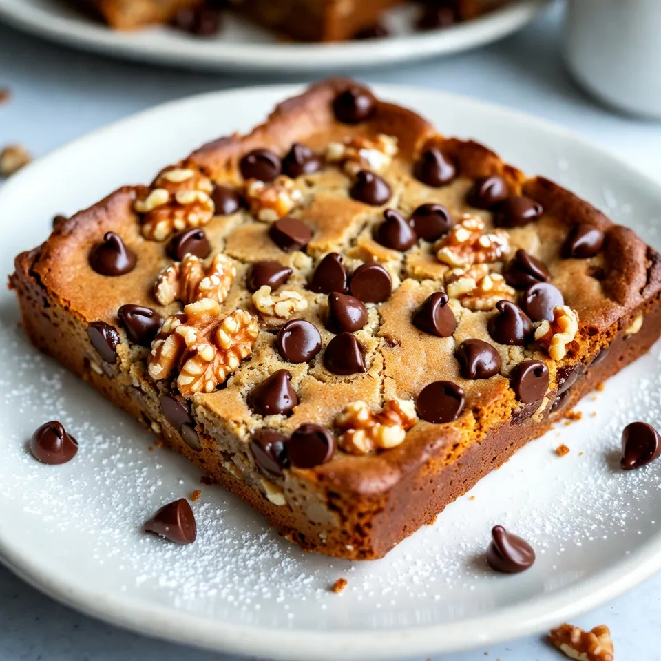 - 2 ripe bananas, mashed - 1/2 cup unsalted butter, melted - 1 cup brown sugar, packed - 1 large egg - 1 teaspoon vanilla extract - 1 cup all-purpose flour - 1/2 teaspoon baking powder - 1/4 teaspoon baking soda - 1/4 teaspoon salt - 1/2 cup chocolate chips - 1/4 cup walnuts, chopped (optional) When measuring the brown sugar, pack it firmly into the cup. This helps add sweetness. For the flour, use a spoon to fill your measuring cup. Avoid scooping directly from the bag, as this can lead to too much flour. The bananas should be very ripe for the best flavor and moisture. You can add walnuts for a nice crunch. If you want a nut-free version, just skip them. Feel free to swap in dark chocolate chips for a richer taste. You can also use mini chocolate chips for a fun twist! {{ingredient_image_1}} First, you need to prep your baking pan. Preheat your oven to 350°F (175°C). Now, take a 9x9-inch baking pan. You can grease it with butter or use parchment paper. Either way works well. This step helps the blondies not stick. Grab a mixing bowl and add two ripe bananas. Mash them until smooth. Then, pour in 1/2 cup of melted unsalted butter. Mix them together until they blend nicely. Next, add 1 cup of brown sugar and stir it in. Now, crack one large egg into the bowl. Add 1 teaspoon of vanilla extract, too. Mix everything until it is smooth and creamy. In another bowl, whisk together the dry ingredients. You need 1 cup of all-purpose flour, 1/2 teaspoon of baking powder, 1/4 teaspoon of baking soda, and 1/4 teaspoon of salt. Once mixed, slowly add this to your wet mixture. Gently stir until combined. It’s important not to overmix. Finally, fold in 1/2 cup of chocolate chips and 1/4 cup of chopped walnuts if you like. This step adds great flavor and texture. To get the right texture, use ripe bananas. They add moisture and sweetness. Mash them well for even mixing. Ensure your butter is melted but not hot. Hot butter can cook the egg. Mix the wet and dry ingredients just until combined. Overmixing can make your blondies tough. You can swap brown sugar for white sugar if needed. This change will give a lighter taste. For a nut-free option, leave out the walnuts. Add more chocolate chips to make them richer. You can also mix in peanut butter for a fun twist. If you like spices, try cinnamon or nutmeg too. Check your blondies around 25 minutes. If a toothpick comes out wet, bake longer. Every oven is different, so watch closely. For a softer texture, bake for less time. If you like them firmer, let them bake a bit longer. Remember to cool them before cutting for nice squares. Pro Tips Use Overripe Bananas: The riper the bananas, the sweeter and more flavorful your blondies will be. Look for bananas with lots of brown spots for the best results. Don't Overmix: When combining the wet and dry ingredients, mix just until incorporated to keep the blondies soft and chewy. Overmixing can lead to a dense texture. Customize Your Add-ins: Feel free to swap the walnuts for your favorite nuts or add in other mix-ins like dried fruit or peanut butter chips to create your own unique version. Storage Tips: Store the blondies in an airtight container at room temperature for up to 5 days, or freeze for longer storage. They make a great treat to have on hand! {{image_2}} You can make this treat a bit healthier. Swap the all-purpose flour for whole wheat flour. This change adds fiber and nutrients. You can also use coconut oil instead of butter. It gives a nice flavor and is a great fat choice. Try reducing the sugar, too. Use only 3/4 cup of brown sugar instead of 1 cup. You can also replace some sugar with unsweetened applesauce. This keeps the blondies moist and tasty. Want to mix things up? Add different flavors to the batter. Try using peanut butter chips instead of chocolate chips. This gives a nutty twist. You can also add spices like cinnamon or nutmeg for warmth. If you love fruit, throw in some chopped apples or berries. These add freshness and a pop of color. Another fun idea is to sprinkle in some shredded coconut for a tropical touch. If you need a gluten-free version, use gluten-free flour. Many brands work well in this recipe. For a vegan option, replace the egg with a flax egg. Just mix one tablespoon of ground flaxseed with two and a half tablespoons of water. Let it sit for a few minutes to thicken. Always check labels on chocolate chips, as some may contain dairy. Consider using dairy-free chocolate chips to fit your diet. To keep your chocolate chip banana bread blondies fresh, store them in an airtight container. I recommend placing a piece of parchment paper between layers if stacking. This step helps prevent them from sticking together. Keep your container in a cool, dry place. Avoid sunlight to maintain their taste and texture. Freezing blondies is simple and effective. First, let them cool completely. Then, wrap each blondie in plastic wrap. Place the wrapped blondies in a freezer-safe bag or container. Label with the date for your reference. They will freeze well for about three months. When you’re ready to enjoy, thaw them in the fridge overnight. Stored properly, chocolate chip banana bread blondies last about one week at room temperature. If you keep them in the fridge, they may last up to two weeks. However, I find they taste best within the first few days. Enjoy them while they’re fresh for the best flavor and texture. Yes, ripe bananas are perfect for this recipe. They add natural sweetness and moisture. The more spots on the banana, the better. They will mash easily and blend well into the batter. If you have overripe bananas, this is the best time to use them. If your batter feels too thick, add a splash of milk. Start with just a tablespoon, then mix. This will help loosen it up. Another option is to mash another banana. This adds moisture without changing the flavor. You can check the blondies at 25 minutes. Insert a toothpick in the center. If it comes out clean or with just a few crumbs, they are done. If there is wet batter, bake for a few more minutes. Let them cool for a bit before cutting. This helps them set up nicely. In this post, we covered all the essentials for baking blondies. We explored ingredients, measurements, and optional items. You learned step-by-step how to mix and bake the perfect blondies. Our tips helped you improve texture and adjust baking time. We also discussed healthier variations and storage tips to keep your treats fresh. Remember to experiment with add-ins and make the recipe your own. Now you have the tools to create delicious blondies any time! Happy baking!