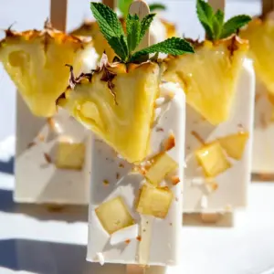 - Coconut milk: You can choose full-fat for creaminess, or light for a lighter option. Full-fat gives a rich taste and texture, while light keeps it refreshing. - Fresh pineapple: Use ripe, fresh chunks for the best flavor. If fresh is not available, you can use frozen pineapple, but fresh tastes better. - Sweetener options: Honey or maple syrup works well. Honey adds a floral note, while maple syrup brings a deep sweetness. Adjust based on your taste. - Additional flavorings: Lime juice brightens the flavor. A little vanilla extract adds warmth and depth. These two balance the sweetness nicely. - Texture enhancers: Shredded coconut adds chewiness. You can use sweetened or unsweetened, depending on your preference. It gives a fun texture in each bite. These ingredients come together to create a delightful treat. The mix of coconut and pineapple brings the tropics to your kitchen. Enjoy the process of making these popsicles, and savor each refreshing bite! {{ingredient_image_1}} To prepare fresh pineapple for blending, start by cutting off the top and bottom. Then, stand the pineapple upright and cut off the skin. Slice the fruit into quarters, remove the core, and chop the flesh into chunks. This ensures that you get the sweet, juicy parts for your popsicles. When measuring coconut milk, use a liquid measuring cup. Pour slowly to avoid spills. Make sure to use full-fat coconut milk for a creamy texture. This will make your popsicles rich and delicious. For optimal blending, add the coconut milk and pineapple chunks to your blender first. This helps the blades move freely. Blend on high until you have a smooth texture. Stop the blender and scrape the sides if needed. Adjusting sweetness is key. After blending, taste the mixture. If it&rsquo;s not sweet enough, add honey or maple syrup little by little. Blend again and taste until it&rsquo;s just right. When pouring the mixture into molds, leave a little space at the top. This allows for expansion as they freeze. Use a funnel if you have one to avoid spills. To insert the popsicle sticks, wait a few minutes after pouring. This allows the mixture to set slightly. Then, place the sticks in the center of each mold. This keeps them stable while freezing. To make great coconut pineapple popsicles, balance sweetness and acidity. Pineapple is sweet, but lime juice adds a nice zing. Adjust the lime juice to your taste. You want a bright, fresh flavor. You can also add other fruits to the mix. Try mango or banana for more tropical vibes. Mixing fruits can create layers of flavor that excite your taste buds. Just make sure the fruits you choose blend well together. Using shredded coconut gives a fun texture. Stir it into the blended mixture after you make it smooth. This adds chewiness and a nice coconut flavor. To prevent ice crystals in your popsicles, use full-fat coconut milk. It helps create a creamy texture. Make sure to blend the mixture well to keep it smooth. Pour the mixture into molds with a little space at the top. This allows them to expand as they freeze, keeping the texture nice. Pro Tips Choose Ripe Pineapple: For the best flavor, make sure to use a ripe pineapple. A ripe pineapple should have a sweet aroma and a slight give when pressed gently at the base. Experiment with Sweeteners: If you're looking for a healthier option, you can replace honey or maple syrup with agave nectar or stevia to keep the popsicles lower in sugar. Add More Texture: For an extra crunch, consider mixing in some chopped nuts or seeds along with the shredded coconut before pouring the mixture into molds. Customize Your Flavor: Feel free to add other tropical fruits like mango or banana to the mix for a unique twist on these popsicles! {{image_2}} If you want to make these popsicles dairy-free or vegan, you have great options. You can swap coconut milk for almond milk or oat milk. Both work well and keep the flavor light. You can use full-fat coconut milk for a creamy treat, too. For sweeteners, you can try agave nectar or stevia. Both are good alternatives to honey or maple syrup. They keep your popsicles sweet without adding too many calories. Just remember to adjust the amount based on your taste. Want to mix things up? Try adding mint or basil for a fresh twist. Just a few leaves can boost the flavor and make it more refreshing. You can blend these herbs right in with the pineapple. You can also add other fruits! Consider strawberries, mangoes, or even kiwi. Just chop them up small and mix them in. This not only changes the taste but also gives you a colorful treat. Each bite will be a surprise! To keep your popsicles fresh, follow some easy steps. First, store them in an airtight container. This prevents freezer burn and keeps them tasty. If you use popsicle molds, cover them with plastic wrap before freezing. This adds extra protection. Homemade popsicles can last about two months in the freezer. After that, they might lose flavor and texture. Always check for ice crystals on the surface. If they appear, it&rsquo;s best to toss them. Thawing popsicles should be simple. The best way is to run warm water over the mold for a few seconds. This helps to loosen the popsicles. You can also let them sit at room temperature for a few minutes. When serving, think about fun ways to present them. Place popsicles on a colorful plate. Add a slice of fresh pineapple or a sprig of mint for a pop of color. This makes your treat look as good as it tastes! Coconut pineapple popsicles stay good for about two to three months in the freezer. After this time, they may lose some taste and texture. To keep them fresh, store the popsicles in an airtight container. This container helps prevent freezer burn, which can ruin the flavor. Always label the container with the date you made them. This way, you can enjoy your popsicles at their best! Yes, you can use frozen pineapple. Frozen pineapple makes the popsicles very cold and refreshing. It can also save time since you skip cutting fresh fruit. However, frozen pineapple may have a softer texture. This could change how the popsicle feels when you eat it. If you choose frozen fruit, let it thaw slightly before blending. This helps blend it smoothly. Coconut and pineapple have many health benefits. Coconut milk has healthy fats that can support heart health. Pineapple is high in vitamin C, which boosts your immune system. These popsicles are also lower in calories than many store-bought treats. A single popsicle contains about 100 calories, depending on your sweetener choice. Using honey or maple syrup adds some natural sweetness but also some sugar. Enjoy these popsicles as a treat, but remember they still have some sugar. Making coconut pineapple popsicles is simple and fun. We started with fresh ingredients like coconut milk and pineapple. Sweeteners like honey or maple syrup add just the right touch. Blending techniques give a smooth texture. Proper molding ensures they freeze well. Incorporating tips for flavors and textures enhances your popsicles. Experiment with vegan options and different fruits. Store them correctly to keep them fresh. By following these steps, you can enjoy delicious, healthy treats any time! Now it&rsquo;s your turn to make them and share the joy.