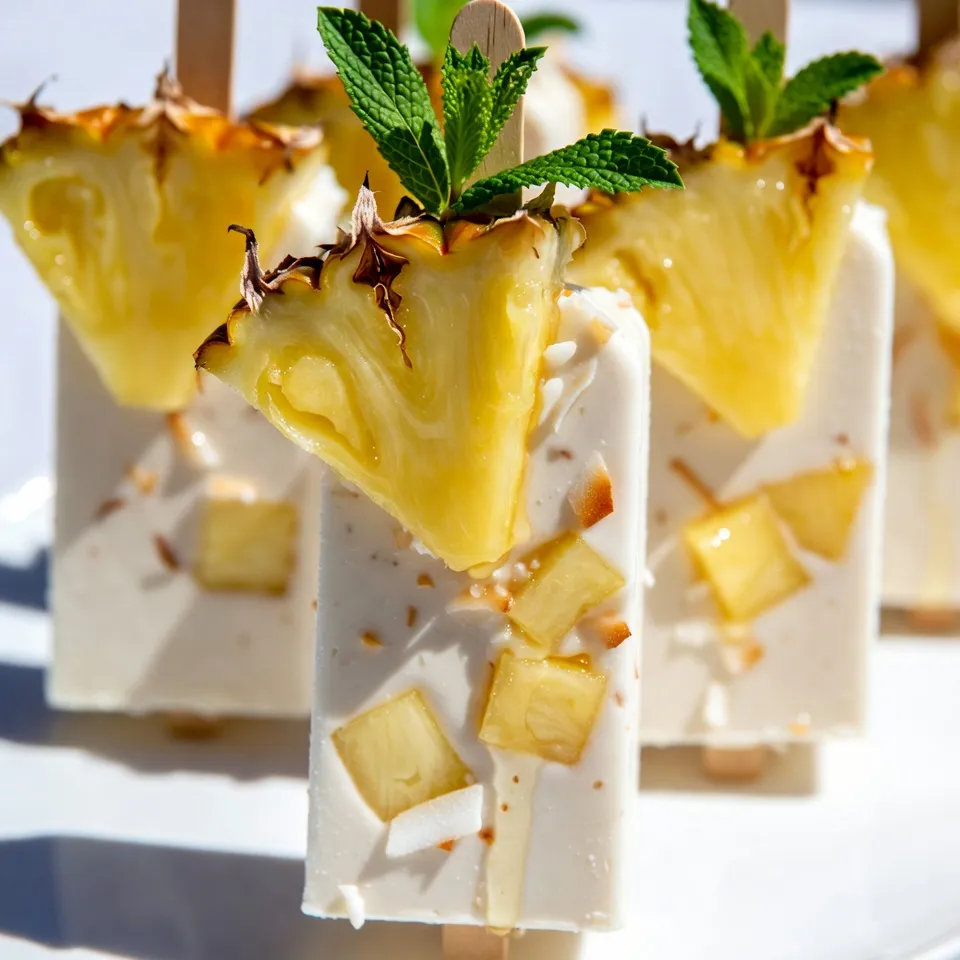 - Coconut milk: You can choose full-fat for creaminess, or light for a lighter option. Full-fat gives a rich taste and texture, while light keeps it refreshing. - Fresh pineapple: Use ripe, fresh chunks for the best flavor. If fresh is not available, you can use frozen pineapple, but fresh tastes better. - Sweetener options: Honey or maple syrup works well. Honey adds a floral note, while maple syrup brings a deep sweetness. Adjust based on your taste. - Additional flavorings: Lime juice brightens the flavor. A little vanilla extract adds warmth and depth. These two balance the sweetness nicely. - Texture enhancers: Shredded coconut adds chewiness. You can use sweetened or unsweetened, depending on your preference. It gives a fun texture in each bite. These ingredients come together to create a delightful treat. The mix of coconut and pineapple brings the tropics to your kitchen. Enjoy the process of making these popsicles, and savor each refreshing bite! {{ingredient_image_1}} To prepare fresh pineapple for blending, start by cutting off the top and bottom. Then, stand the pineapple upright and cut off the skin. Slice the fruit into quarters, remove the core, and chop the flesh into chunks. This ensures that you get the sweet, juicy parts for your popsicles. When measuring coconut milk, use a liquid measuring cup. Pour slowly to avoid spills. Make sure to use full-fat coconut milk for a creamy texture. This will make your popsicles rich and delicious. For optimal blending, add the coconut milk and pineapple chunks to your blender first. This helps the blades move freely. Blend on high until you have a smooth texture. Stop the blender and scrape the sides if needed. Adjusting sweetness is key. After blending, taste the mixture. If it’s not sweet enough, add honey or maple syrup little by little. Blend again and taste until it’s just right. When pouring the mixture into molds, leave a little space at the top. This allows for expansion as they freeze. Use a funnel if you have one to avoid spills. To insert the popsicle sticks, wait a few minutes after pouring. This allows the mixture to set slightly. Then, place the sticks in the center of each mold. This keeps them stable while freezing. To make great coconut pineapple popsicles, balance sweetness and acidity. Pineapple is sweet, but lime juice adds a nice zing. Adjust the lime juice to your taste. You want a bright, fresh flavor. You can also add other fruits to the mix. Try mango or banana for more tropical vibes. Mixing fruits can create layers of flavor that excite your taste buds. Just make sure the fruits you choose blend well together. Using shredded coconut gives a fun texture. Stir it into the blended mixture after you make it smooth. This adds chewiness and a nice coconut flavor. To prevent ice crystals in your popsicles, use full-fat coconut milk. It helps create a creamy texture. Make sure to blend the mixture well to keep it smooth. Pour the mixture into molds with a little space at the top. This allows them to expand as they freeze, keeping the texture nice. Pro Tips Choose Ripe Pineapple: For the best flavor, make sure to use a ripe pineapple. A ripe pineapple should have a sweet aroma and a slight give when pressed gently at the base. Experiment with Sweeteners: If you're looking for a healthier option, you can replace honey or maple syrup with agave nectar or stevia to keep the popsicles lower in sugar. Add More Texture: For an extra crunch, consider mixing in some chopped nuts or seeds along with the shredded coconut before pouring the mixture into molds. Customize Your Flavor: Feel free to add other tropical fruits like mango or banana to the mix for a unique twist on these popsicles! {{image_2}} If you want to make these popsicles dairy-free or vegan, you have great options. You can swap coconut milk for almond milk or oat milk. Both work well and keep the flavor light. You can use full-fat coconut milk for a creamy treat, too. For sweeteners, you can try agave nectar or stevia. Both are good alternatives to honey or maple syrup. They keep your popsicles sweet without adding too many calories. Just remember to adjust the amount based on your taste. Want to mix things up? Try adding mint or basil for a fresh twist. Just a few leaves can boost the flavor and make it more refreshing. You can blend these herbs right in with the pineapple. You can also add other fruits! Consider strawberries, mangoes, or even kiwi. Just chop them up small and mix them in. This not only changes the taste but also gives you a colorful treat. Each bite will be a surprise! To keep your popsicles fresh, follow some easy steps. First, store them in an airtight container. This prevents freezer burn and keeps them tasty. If you use popsicle molds, cover them with plastic wrap before freezing. This adds extra protection. Homemade popsicles can last about two months in the freezer. After that, they might lose flavor and texture. Always check for ice crystals on the surface. If they appear, it’s best to toss them. Thawing popsicles should be simple. The best way is to run warm water over the mold for a few seconds. This helps to loosen the popsicles. You can also let them sit at room temperature for a few minutes. When serving, think about fun ways to present them. Place popsicles on a colorful plate. Add a slice of fresh pineapple or a sprig of mint for a pop of color. This makes your treat look as good as it tastes! Coconut pineapple popsicles stay good for about two to three months in the freezer. After this time, they may lose some taste and texture. To keep them fresh, store the popsicles in an airtight container. This container helps prevent freezer burn, which can ruin the flavor. Always label the container with the date you made them. This way, you can enjoy your popsicles at their best! Yes, you can use frozen pineapple. Frozen pineapple makes the popsicles very cold and refreshing. It can also save time since you skip cutting fresh fruit. However, frozen pineapple may have a softer texture. This could change how the popsicle feels when you eat it. If you choose frozen fruit, let it thaw slightly before blending. This helps blend it smoothly. Coconut and pineapple have many health benefits. Coconut milk has healthy fats that can support heart health. Pineapple is high in vitamin C, which boosts your immune system. These popsicles are also lower in calories than many store-bought treats. A single popsicle contains about 100 calories, depending on your sweetener choice. Using honey or maple syrup adds some natural sweetness but also some sugar. Enjoy these popsicles as a treat, but remember they still have some sugar. Making coconut pineapple popsicles is simple and fun. We started with fresh ingredients like coconut milk and pineapple. Sweeteners like honey or maple syrup add just the right touch. Blending techniques give a smooth texture. Proper molding ensures they freeze well. Incorporating tips for flavors and textures enhances your popsicles. Experiment with vegan options and different fruits. Store them correctly to keep them fresh. By following these steps, you can enjoy delicious, healthy treats any time! Now it’s your turn to make them and share the joy.