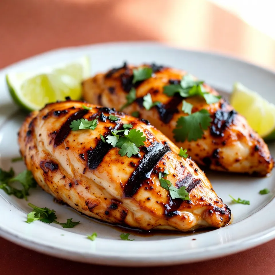 - 4 boneless, skinless chicken breasts - 1/4 cup sweet chili sauce - 2 tablespoons fresh lime juice - 1 tablespoon lime zest To make Sweet Chili Lime Grilled Chicken, you need fresh and simple ingredients. The chicken gives a nice base. Sweet chili sauce adds flavor and a little heat. Lime juice and zest give it a bright taste. - 2 cloves garlic, minced - 1 tablespoon soy sauce (low sodium) - 1 tablespoon honey - 1 teaspoon ground ginger The marinade is key to great taste. First, you mix garlic, soy sauce, honey, and ground ginger into the sweet chili sauce. This mix makes the chicken juicy and full of flavor. The garlic and ginger add depth. Honey balances the heat with sweetness. - Fresh cilantro, for garnish - Lime wedges, for serving You want your dish to look good too. Fresh cilantro adds color and a nice scent. Lime wedges give a fresh burst when served. Together, they make your grilled chicken pop on the plate. {{ingredient_image_1}} To start, grab a medium bowl. Whisk together these key marinade ingredients: - 1/4 cup sweet chili sauce - 2 tablespoons fresh lime juice - 1 tablespoon lime zest - 2 cloves garlic, minced - 1 tablespoon low sodium soy sauce - 1 tablespoon honey - 1 teaspoon ground ginger Keep whisking until everything blends well. This mix adds great flavor to your chicken. Next, take your chicken breasts and season them. Use salt and pepper on both sides. This step is vital for taste. Then, place the chicken in a resealable plastic bag or a shallow dish. Pour the marinade over the chicken. Make sure it coats every piece. Seal the bag or cover the dish. Refrigerate for at least 30 minutes. If you want more flavor, let it sit for up to 2 hours. Now it's time to grill! Preheat your grill to medium-high heat. Once hot, lightly oil the grill grates. This prevents sticking and ensures nice grill marks. Remove the chicken from the marinade, letting the extra drip off. Discard the marinade to avoid cross-contamination. Put the chicken on the grill. Cook for about 6-7 minutes on each side. You want the internal temperature to reach 165°F (74°C). This means the chicken is safe to eat and perfectly cooked. Once done, take the chicken off the grill. Let it rest for 5 minutes. This helps keep the juices inside. Now, slice and serve your beautiful chicken, garnished with fresh cilantro and lime wedges. Enjoy! To get those beautiful grill marks, you need to preheat the grill. Heat it to medium-high. This step is key. If the grill is not hot enough, the chicken will stick. Oiling the grill grates also helps. Use a paper towel with oil to coat the grates. This will keep your chicken from sticking and give it nice lines. If you don’t have a grill, don’t worry! You can bake or use a stove-top grill. For oven baking, preheat it to 400°F (204°C). Place the chicken on a baking sheet lined with foil. Bake for about 20-25 minutes. If using a stove-top grill, heat a pan on medium-high. Cook for 6-7 minutes on each side. Check that the chicken reaches 165°F (74°C) for safety. Want to change the flavor a bit? You can add more spices. Try adding a pinch of cayenne for heat or smoked paprika for depth. Fresh herbs like thyme or basil can also boost the taste. For a zesty kick, add orange juice or zest. These little changes can make a big difference in flavor! Pro Tips Marinate Longer for More Flavor: For the best flavor, marinate the chicken for up to 2 hours. This allows the chicken to absorb all the delicious flavors from the marinade. Check the Grill Temperature: Ensure your grill is preheated to medium-high before placing the chicken on it. This helps to create those beautiful grill marks and ensures even cooking. Let It Rest: After grilling, let the chicken rest for at least 5 minutes before slicing. This allows the juices to redistribute, keeping the chicken moist and flavorful. Use Fresh Ingredients: Whenever possible, use fresh lime juice and zest instead of bottled. Fresh ingredients elevate the flavor profile of the dish significantly. {{image_2}} You can change the protein in this dish easily. Shrimp works great with the sweet chili lime flavor. Just marinate it for 15 minutes. Grill the shrimp for about 2-3 minutes on each side. Tofu is another good choice. Use firm tofu for best results. Press it to remove extra water, then cut it into cubes. Marinate the tofu for at least 30 minutes. Grill it until golden brown, about 4-5 minutes per side. You can play with the marinade too. Try adding orange juice or lemon juice for a twist. Each citrus will bring a different taste. If you want more heat, add some crushed red pepper or a dash of sriracha. Fresh herbs like mint or basil can also brighten up the flavor. Experiment with spices like cumin or paprika for extra depth. This grilled chicken pairs well with many sides. Serve it with a fresh green salad. A cucumber salad or coleslaw also complements the dish nicely. You can add rice or quinoa for a hearty option. Try serving it with grilled veggies for a colorful plate. Don’t forget some lime wedges on the side for an extra zing! After you enjoy your sweet chili lime grilled chicken, store any leftovers right away. Let the chicken cool to room temperature first. Then, place it in an airtight container. Make sure to seal it tight to keep the flavors fresh. You can store it in the fridge for up to three days. If you plan to eat it later, be sure to label the container with the date. If you want to keep your grilled chicken longer, freezing is a great option. To freeze, wrap each piece in plastic wrap or foil. Then, place them in a freezer bag. Remove as much air as you can to prevent freezer burn. The sweet chili lime grilled chicken can last up to three months in the freezer. When you're ready to eat it, thaw the chicken in the fridge overnight. Reheat it on the grill or in the oven until it's hot throughout. To ensure food safety, always check the chicken's smell and appearance before eating leftovers. If it looks off or smells bad, throw it away. When stored properly, grilled chicken should be safe to eat for three days in the fridge. In the freezer, the texture may change over time, but it remains safe to eat for months. Always prioritize safety when enjoying your delicious meals! Yes, you can make the marinade ahead of time. Mix the sweet chili sauce, lime juice, and other ingredients in a bowl. Store it in the fridge for up to five days. This saves time on busy days. When you're ready, just coat the chicken and let it marinate. The best way is to check the internal temperature. Use a meat thermometer to ensure it reaches 165°F (74°C). This temperature keeps the chicken safe to eat. It also helps the chicken stay juicy. If you don’t have a thermometer, cut into the chicken. The juices should run clear, with no pink meat. Yes, you can use frozen chicken. However, make sure to thaw it first. The best way is to put it in the fridge overnight. If you're short on time, use the cold water method. Seal the chicken in a bag and submerge it in cold water. Change the water every 30 minutes. Once thawed, you can marinate and grill as usual. You learned how to make grilled chicken using a sweet chili marinade. We looked at ingredients, marinade prep, grilling tips, and serving ideas. With options for different proteins, you can customize this dish to your taste. Store leftovers properly to ensure safety and flavor. Now you can enjoy this simple yet delicious meal any time. Dive in and impress your family or friends with your new skills!