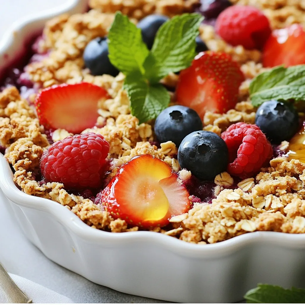 For this Triple Berry Crisp, you will need three types of fresh berries: - 1 cup strawberries, hulled and quartered - 1 cup blueberries - 1 cup raspberries These berries bring a mix of sweet and tart flavors. Each berry adds its own unique taste. Strawberries add sweetness, blueberries add a burst of juice, and raspberries bring a tart kick. Together, they create a delightful treat. You will also need some sweeteners and flavorings to enhance the taste: - 1/2 cup granulated sugar - 1 tablespoon lemon juice - 1 teaspoon vanilla extract These ingredients help balance the berry flavors. The sugar sweetens the berries, while lemon juice adds brightness. Vanilla extract gives a warm, comforting aroma. For the topping, these ingredients are key: - 1 cup rolled oats - 1/2 cup all-purpose flour - 1/2 cup brown sugar, packed - 1/2 teaspoon ground cinnamon - 1/4 teaspoon salt - 1/2 cup unsalted butter, melted The oats give a hearty crunch. Flour and brown sugar add depth, while cinnamon enhances the taste. Melted butter binds everything together for a crispy topping. To make this dessert, you will need a few simple tools: - Mixing bowls - Baking dish (a greased 9x9-inch dish works best) - Mixing tools (like a spatula or spoon) Having the right equipment makes the process easier. Mixing bowls help you combine ingredients well. A baking dish allows the crisp to cook evenly. Mixing tools help you create the perfect textures. {{ingredient_image_1}} First, preheat your oven to 350°F (175°C). This temperature helps the crisp bake evenly. Next, grab a 9x9-inch baking dish. Grease it lightly with butter or cooking spray. This step keeps your dessert from sticking. Now, let’s prepare the berry mix. Take 1 cup of strawberries, hulled and quartered. Add 1 cup of blueberries and 1 cup of raspberries. Place these berries in a large mixing bowl. Sprinkle in 1/2 cup of granulated sugar. Then, add 1 tablespoon of lemon juice and 1 teaspoon of vanilla extract. Stir gently until the berries are well coated. This mix brings out sweet and tangy flavors. In another bowl, mix together 1 cup of rolled oats, 1/2 cup of all-purpose flour, 1/2 cup of packed brown sugar, 1/2 teaspoon of ground cinnamon, and 1/4 teaspoon of salt. These dry ingredients create a crunchy topping. Next, pour in 1/2 cup of melted unsalted butter. Mix until the dry ingredients are evenly coated and crumbly. This will give your crisp a wonderful texture. It’s time to layer the mixture. Spread the berry mix evenly in your greased baking dish. Then, sprinkle the oat topping over the berries. Make sure it covers them well. Bake in the preheated oven for 30-35 minutes. Keep an eye on it. You want the top to be golden brown and the berries bubbling. Once baked, let it cool for at least 10 minutes before serving. This cooling step helps the crisp set up nicely. To get the right texture, make sure you mix your topping well. The mixture should be crumbly. If it feels too dry, add a bit more melted butter. When you bake, check for a nice golden color on top. This shows it’s ready. For even baking, spread the berry mix evenly in the dish. Make sure the topping covers all the berries. This helps them cook well. Rotate your dish halfway through baking. This ensures it bakes evenly. Serve the crisp warm for the best taste. It pairs well with vanilla ice cream. The cold ice cream melts slightly over the warm crisp. You can drizzle honey on top for extra sweetness. Fresh mint leaves make a nice garnish, too. You can prepare the berry mix a day before. Just store it in the fridge until you are ready to bake. For the topping, mix it and keep it separate. This way, it stays fresh and crisp. When you reheat, do so at a low temperature. Set your oven to 300°F (150°C). This helps keep the texture nice. Bake for about 10-15 minutes until warm. Enjoy the fresh taste! Pro Tips Use Fresh Berries: For the best flavor and texture, opt for fresh berries whenever possible. Frozen berries may release excess water and alter the crisp's consistency. Experiment with Spices: Add a pinch of nutmeg or ginger to the oat mixture for an extra layer of warmth and flavor that complements the berries beautifully. Make Ahead: You can prepare the berry mixture and topping ahead of time, storing them separately in the fridge. Assemble and bake just before serving for a fresh dessert. Serving Suggestions: Elevate your crisp by serving it with a dollop of whipped cream or a scoop of yogurt for a delightful contrast to the sweetness of the berries. {{image_2}} You can change up the berry mix in your crisp. Try using blackberries or cranberries for a twist. You can also add seasonal fruits like peaches or cherries when they are fresh. This keeps your dessert exciting and new. If you want a healthier crisp, consider sugar substitutes. You can use honey or maple syrup instead of granulated sugar. This adds flavor and cuts down on refined sugar. For those who need gluten-free options, swap all-purpose flour for almond flour or oat flour. This keeps your dessert tasty while meeting dietary needs. To make your crisp even better, think about adding spices. A pinch of nutmeg or ginger can add warmth. You can also add vanilla or almond extract for a nice aroma. If you like crunch, try adding nuts or seeds, like walnuts or chia seeds. These add texture and extra nutrition to your dessert. After you make your triple berry crisp, you may have leftovers. To keep them fresh, store the crisp in your fridge. Place it in an airtight container or cover it tightly with plastic wrap. This way, it stays tasty and moist. You can keep it in the fridge for about 3 to 4 days. After that, the berries might lose some of their flavor and texture. If you want to save your crisp for later, freezing is a great option. First, let the crisp cool completely. Then, cut it into serving-sized pieces. Wrap each piece in plastic wrap, then place them in a freezer-safe bag. Make sure to remove as much air as possible from the bag. You can freeze the crisp for up to 3 months. When you're ready to enjoy it again, simply take out a piece. Reheat it in the oven at 350°F (175°C) for about 15 to 20 minutes. You can also microwave it for about 1 to 2 minutes. Just make sure it warms through but does not get soggy. This way, you can enjoy that delicious berry crisp anytime! Yes, you can use frozen berries for this recipe. Frozen berries are great for many reasons. They are often picked at peak ripeness. This means they have great flavor and sweetness. Frozen berries also save time, as they are pre-washed and ready to use. Just remember to thaw them before mixing. This helps to prevent excess water from making the crisp soggy. You can tell your Triple Berry Crisp is ready by looking for a few signs. First, the top should be golden brown. This shows the oats are baked well. Second, check if the berries are bubbling around the edges. This means they are hot and juicy. You can also poke the crisp with a fork. If it feels firm and not too soft, it is done. Yes, you can make this Triple Berry Crisp vegan! For the butter, use a plant-based alternative. Coconut oil or vegan butter works well. You can also swap the granulated sugar for coconut sugar or maple syrup. These options will still give your crisp a sweet taste. Just be sure to adjust the liquid if using syrup, as it is more fluid than sugar. This blog explains how to make a delicious triple berry crisp. You learned about fresh berries, essential ingredients, and the right equipment. We walked through step-by-step instructions, covering how to combine flavors and bake perfectly. I shared tips for serving and story variations to keep your dessert exciting. Remember, you can easily store leftovers and even prepare your crisp ahead. Now you're ready to impress your friends and family with this easy and tasty treat. Enjoy every bite of your homemade berry crisp!