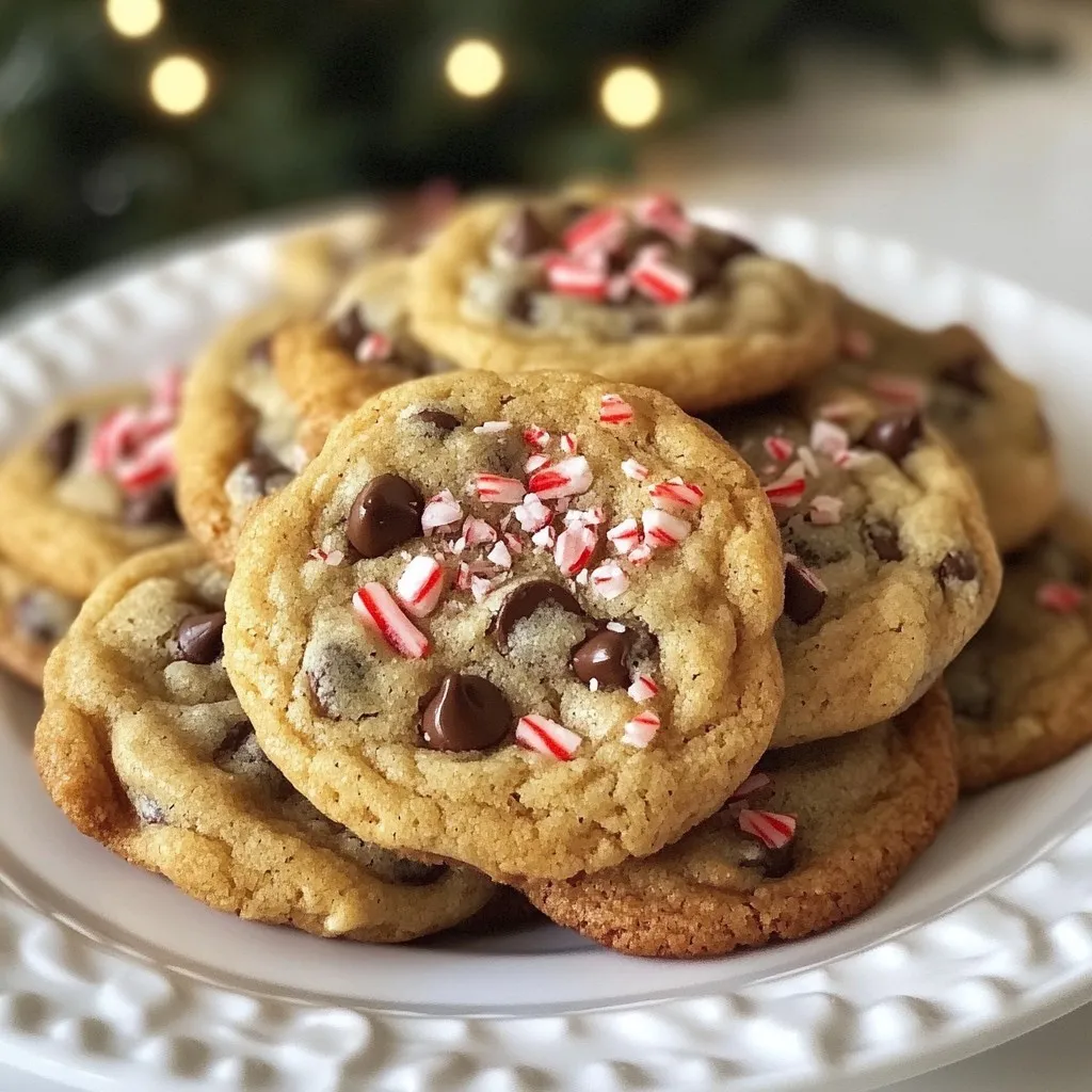 To make the perfect peppermint chocolate chip cookies, you need the right mix of ingredients. Here’s what you will need: - 1 cup unsalted butter, softened - 1 cup brown sugar, packed - 1/2 cup granulated sugar - 2 large eggs - 2 teaspoons pure vanilla extract - 2 1/2 cups all-purpose flour - 1 teaspoon baking soda - 1/2 teaspoon salt - 1 cup semi-sweet chocolate chips - 1/2 cup crushed peppermint candies (plus more for garnish) Each ingredient plays a key role in making these cookies a holiday delight. The butter adds richness, while brown sugar brings moisture and a hint of caramel flavor. Eggs help bind everything together, giving the cookies their perfect texture. The combination of all-purpose flour, baking soda, and salt ensures a nice rise and balance in flavor. Chocolate chips add a sweet, creamy touch, while crushed peppermint candies give that festive crunch and refreshing flavor. Be sure to have a bit extra for garnish to make them look special! Gather these ingredients, and you are ready for a fun baking session. {{ingredient_image_1}} First, preheat your oven to 350°F (175°C). This step is key for even baking. Next, line two baking sheets with parchment paper. This helps the cookies not stick and makes clean-up easier. In a large mixing bowl, cream together 1 cup of softened butter, 1 cup of brown sugar, and 1/2 cup of granulated sugar. Mix until smooth and fluffy, about 3-4 minutes. Then, add 2 large eggs, one at a time, mixing well after each. Finally, stir in 2 teaspoons of pure vanilla extract for extra flavor. In a separate bowl, whisk together 2 1/2 cups of all-purpose flour, 1 teaspoon of baking soda, and 1/2 teaspoon of salt. Gradually add this dry mixture to the wet mixture. Mix until just combined; do not overmix. This keeps the cookies soft and chewy. Now, fold in 1 cup of semi-sweet chocolate chips and 1/2 cup of crushed peppermint candies. Mix gently to ensure the chocolate and peppermint are evenly spread throughout the dough. The peppermint adds a nice crunch and festive flair. Using a cookie scoop or tablespoon, drop dough balls onto the prepared baking sheets. Make sure to space them about 2 inches apart. Optionally, sprinkle a few extra crushed peppermint candies on top of each dough ball for a bit more color and fun. Bake in the preheated oven for 10-12 minutes. The edges should be lightly golden, while the centers stay soft. After baking, let the cookies cool on the baking sheets for about 5 minutes. Then, transfer them to a wire rack to cool completely. Enjoy the delightful smell as they cool! To get that perfect cookie texture, start with soft butter. Leave it out for about an hour before baking. This makes it easy to cream with the sugars. Mix the butter with both sugars until fluffy. This step is key for light cookies. Beat in the eggs one at a time. Then add the vanilla extract. Mix gently to keep the dough light. To boost the flavor of your cookies, try adding a few drops of peppermint extract. This gives an extra kick of minty taste. You can also add a pinch of cinnamon for warmth. These small changes can make your cookies special. Just remember to use these extras in moderation. Watch out for common mistakes. Overmixing the dough can lead to tough cookies. Mix just until the flour disappears. Also, don't underbake them. The edges should be golden, but the center should still be soft. Let them cool on the tray for a few minutes before moving them. This helps them set up nicely. Pro Tips Use Room Temperature Ingredients: Make sure your butter and eggs are at room temperature for better incorporation into the dough, resulting in a smoother texture. Don't Overmix the Dough: Mix until just combined to keep your cookies soft and chewy. Overmixing can lead to a tougher texture. Chill the Dough: If you have time, chill the dough for about 30 minutes before baking. This can enhance the flavors and help the cookies maintain their shape. Use Fresh Peppermint Candies: For the best flavor, use fresh and high-quality peppermint candies. Crushed candy canes add a festive crunch and vibrant color. {{image_2}} You can change the chocolate chips in your cookies. Try using dark chocolate chips for a richer taste. White chocolate chips add sweetness and a fun twist. You can even mix different types for a unique flavor. An assortment of chocolates makes the cookies exciting. Consider adding nuts or other candies. Chopped walnuts or pecans give a nice crunch. You can also mix in M&M's or toffee bits for a sweet surprise. Each addition brings new flavors and textures to your cookies, making them fun to eat. If you need gluten-free cookies, use almond flour or a gluten-free blend. For a dairy-free treat, swap the butter with coconut oil or a dairy-free spread. Make sure to check that all your ingredients are certified gluten-free and dairy-free. These options keep the joy of baking alive for everyone. Store your peppermint chocolate chip cookies in an airtight container. Keep them at room temperature. This way, they stay soft and tasty for about a week. If you want to keep them fresh longer, try not to stack them. Use parchment paper between layers. For long-term storage, freezing is the best option. Place cookies in a single layer on a baking sheet. Freeze them for about an hour. Then, move the cookies to a freezer-safe bag. They can last up to three months in the freezer. When you want some, just thaw them at room temperature. To keep your cookies fresh, use parchment paper when stacking. This prevents sticking and helps maintain texture. Seal the container tightly to keep air out. You can also add a slice of bread in the container. This helps to keep the cookies soft by adding moisture. To make your cookies softer, start by using room temperature butter. It helps create a creamy texture. You can also add a bit more brown sugar. Brown sugar keeps cookies moist. Avoid overbaking. Take cookies out when they are lightly golden. They will firm up as they cool. Yes, you can use peppermint extract. It gives a strong flavor. Use about 1 teaspoon for each cup of flour. If you choose extract, cut back on the other sugars slightly. This keeps the balance right. You can still add some crushed candies for texture. If your dough is too sticky, add flour slowly. Start with 1 tablespoon at a time. Mix it in well. If you chilled the dough, it might help, too. Just wrap it in plastic and put it in the fridge for 30 minutes. This makes the dough easier to handle. These cookies last about one week at room temperature. Keep them in an airtight container. If you see any signs of mold or they smell off, throw them away. For longer storage, freeze them. They can last up to three months in the freezer. Just thaw them at room temperature before serving. This recipe guides you through making delicious cookies with simple steps. You learned about the key ingredients, like butter, sugar, and chocolate chips. We also covered mixing techniques, baking tips, and how to store your cookies. When you follow these steps, you can enjoy tasty cookies any time. Keep experimenting with flavors for unique treats. Happy baking!