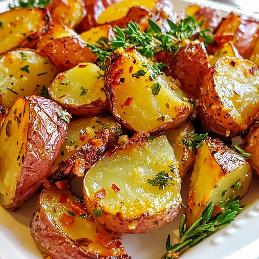- 2 pounds red potatoes, halved - 4 tablespoons olive oil - 4 cloves garlic, minced Red potatoes are key to this dish. They hold their shape and have a nice, creamy texture. Olive oil adds richness and helps the potatoes crisp up. Garlic gives a bold flavor that makes every bite special. - 1 tablespoon fresh rosemary, chopped - 1 tablespoon fresh thyme, chopped - Fresh parsley, chopped (for garnish) Fresh herbs bring life to these roasted potatoes. Rosemary adds a piney flavor. Thyme lends a warm, earthy taste. Garnish with parsley for a pop of color and freshness. - 1 teaspoon paprika - Salt and pepper to taste Paprika adds a subtle smokiness and a beautiful color. Salt and pepper enhance the flavors of all the ingredients. Use them generously to make every bite delicious. {{ingredient_image_1}} First, you need to preheat your oven to 425°F (220°C). This high heat helps the potatoes become crispy. While the oven warms up, prepare a large baking sheet. Line it with parchment paper. This makes cleanup much easier later. Next, grab a large mixing bowl. Combine the halved red potatoes with four tablespoons of olive oil. Make sure each piece gets some oil. Then, add four minced garlic cloves, one tablespoon of chopped rosemary, and one tablespoon of chopped thyme. Sprinkle in one teaspoon of paprika, and add salt and pepper to taste. Toss everything together until the potatoes are fully coated in the mixture. Now it’s time to spread the potatoes on the prepared baking sheet. Arrange them in a single layer. This helps them roast evenly. Place the baking sheet in the oven. Roast for 25 to 30 minutes. Be sure to turn the potatoes halfway through. This helps them brown nicely on all sides. When they are golden brown and crispy, remove them from the oven. Let them cool for a few minutes before serving. To get crispy potatoes, don’t overcrowd the baking sheet. If you pack them tight, they steam instead of roast. This makes them soft, not crispy. Spread the potatoes out in one layer. Next, choose the right oven temperature. Preheat your oven to 425°F (220°C). This high heat helps the edges turn golden and crispy. It also cooks the insides perfectly. Marinating the potatoes adds great flavor. Toss them in olive oil, garlic, and herbs for at least 30 minutes. This helps all those good tastes soak in. You can also try different seasonings. Consider adding lemon zest for brightness or chili flakes for heat. A sprinkle of cheese before serving adds a rich touch too. Cook the potatoes for 25-30 minutes. This gives them time to brown nicely. Halfway through cooking, turn them over. This helps them cook evenly and get crispy on all sides. To check if they are done, pierce a potato with a fork. It should slide in easily. If it feels hard, give them a few more minutes. Enjoy your crispy, flavorful potatoes! Pro Tips Cut Evenly: Ensure that all potatoes are cut to similar sizes for even cooking. Use Fresh Herbs: Fresh herbs provide a more vibrant flavor compared to dried ones. Use them when possible. Don’t Overcrowd: Spread the potatoes out on the baking sheet. Overcrowding can lead to steaming instead of roasting. Check for Doneness: Use a fork to check if the potatoes are tender inside and crispy outside before removing them from the oven. {{image_2}} You can switch up the herbs for new flavors. Try using sage or oregano instead of rosemary and thyme. Sage gives a warm, earthy taste. Oregano adds a hint of spice that pairs well with potatoes. You can also experiment with dried herbs. Dried herbs are strong, so use less. For a simple swap, use half the amount of dried herbs compared to fresh ones. Adding cheese can take your roasted potatoes to a whole new level. Grate some Parmesan or sprinkle feta cheese on top before roasting. The cheese will melt and create a creamy texture. You can also mix in vegetables like bell peppers or onions. Adding these veggies will add color and crunch. Just chop them up and toss them in with the potatoes. If you need vegan options, just skip the cheese. The potatoes will still taste great with the herbs and garlic. For gluten-free needs, this recipe is already safe. All the ingredients are gluten-free. Just make sure your seasonings do not have added gluten. This way, everyone can enjoy these tasty Garlic Herb Roasted Red Potatoes! Store any leftover Garlic Herb Roasted Red Potatoes in the fridge. Place them in an airtight container. This keeps them fresh for up to four days. If you do not have an airtight container, use plastic wrap over a bowl. You can reheat potatoes in the oven or microwave. The oven gives the best results. Preheat your oven to 350°F (175°C). Spread the potatoes on a baking sheet. Heat them for about 10-15 minutes. This helps keep them crispy. The microwave is quicker but makes them softer. If you use the microwave, cover the potatoes with a damp paper towel. Heat in short bursts to keep them from drying out. You can freeze Garlic Herb Roasted Red Potatoes. First, let them cool completely. Then, place them in a freezer-safe bag. Remove as much air as possible before sealing. They can last up to three months in the freezer. To thaw, move them to the fridge overnight. Reheat in the oven for the best taste and texture. Yes, you can use different potatoes. Yukon Gold or fingerling potatoes work well. They both have a nice texture and flavor. If you want a slightly sweeter taste, try sweet potatoes. They will change the dish, but they can still be tasty. Just cut them into similar sizes as red potatoes for even cooking. Garlic Herb Roasted Red Potatoes last about 3 to 5 days in the fridge. Store them in an airtight container to keep them fresh. If you leave them out, they can spoil quickly. Always check for any signs of spoilage before eating leftovers. If they smell off or look bad, throw them away. These potatoes pair well with many dishes. Try serving them with grilled chicken or steak for a hearty meal. They also go great with roasted veggies or a fresh salad. For a fun twist, add them to a breakfast bowl with eggs. The flavors mix well and make for a tasty bite! You learned how to make Garlic Herb Roasted Red Potatoes. We covered the main ingredients, like red potatoes and garlic. We also explored tips for crispy results and how to save leftovers. Remember to try different herbs and toppings for fun twists. Cooking is about experimenting, so make these potatoes your own. Enjoy the process, and share your tasty results!